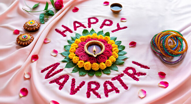 Festive Composition with "Happy Navratri" Text 