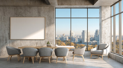Modern interior with concrete walls and large window overlooking the city skyline with table and chairs