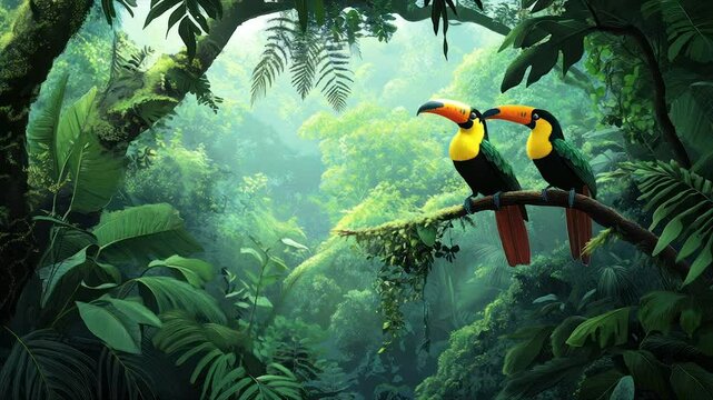 Two toucans perched on a branch in a lush rainforest