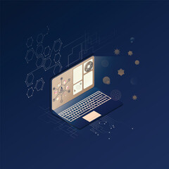 Isometric Laptop with UI and HUD – Blue and Brown Tones Vector Illustration