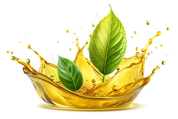 Vibrant yellow liquid splash with green leaves and golden droplets isolated on a transparent background