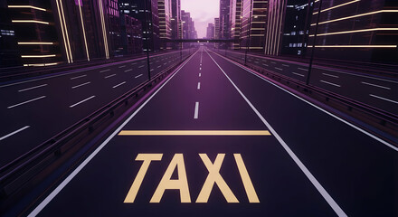 Nighttime taxi lane in a futuristic cityscape illuminated by neon lights conveying urban transportation and advanced infrastructure design