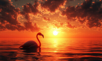 Fototapeta premium Stunning sunset with flamingo silhouette over tranquil water and dramatic clouds.