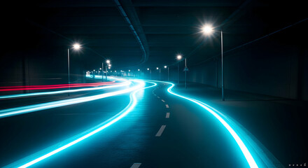 Nighttime urban road with light trails and futuristic neon glow effect creating a dynamic view