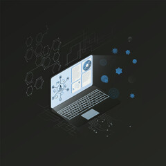 Isometric Laptop with Futuristic HUD – Monochrome Grey and Blue Interface Vector