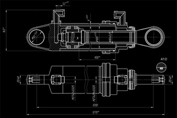 Vector mechanical part of machine - hydraulic cylinder. Engineering assembly drawing of steel device
with dimension lines. Industrial technic 
cad scheme on paper sheet. Machined tool - shaft. 