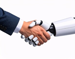 Business handshake between man and robot cyborg with handcuffs symbolizing partnership 