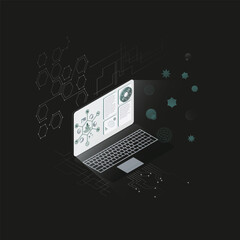 Isometric Laptop with Minimal HUD – Black and White Vector with Green Accents