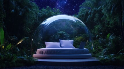 Freelancer relaxing in glass dome resort surrounded by nature