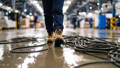 Worker's feet in a wet factory