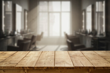 Empty wooden table with copy space in front of blurred hair salon interior. Ideal for promoting...