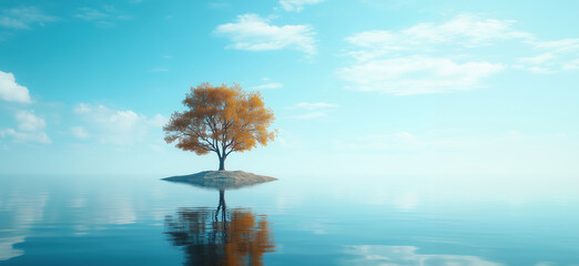 Solitary tree on small island surrounded by calm water and blue sky.