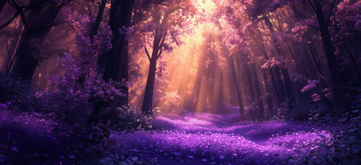 Fototapeta premium Enchanting purple forest with sunlight filtering through trees and vibrant flowers.