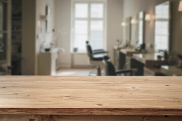 Empty wooden table with copy space in front of blurred hair salon interior. Ideal for promoting hair care products, beauty services or branding in the wellness and cosmetic industry.