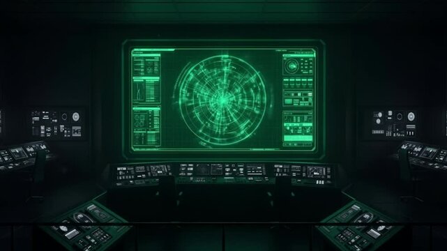 A view of a futuristic spaceship control panel with glowing green screens and controls