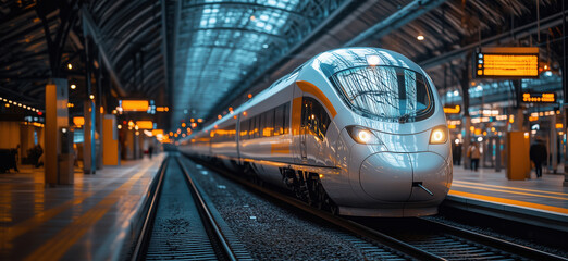 High-speed train at modern railway station with sleek design and vibrant lighting.