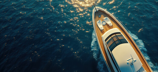 Luxury yacht sailing on tranquil blue waters with sunlit reflections.
