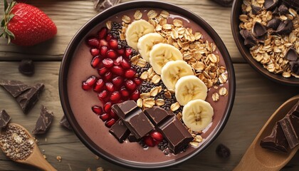 Delicious Chocolate Banana Protein Smoothie Bowls With Granola, Strawberry, Pomegranate, And Chocolate Bars On Rustic Wooden Table. Top View For A Healthy Breakfast.