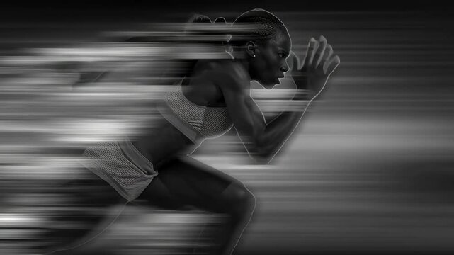 Young african american woman athlete sprinter running fast with motion blur effect. Sports concept with female runner footage.