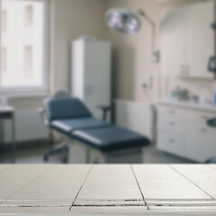 Empty wooden table with copy space in front of blurred doctor's office interior. Preventive care,...