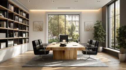 A spacious office with a large wooden table surrounded by black chairs and a large bookshelf wall
