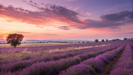 Obraz premium Sunset Over Lavender Fields A Serene Pastoral Landscape with Soft Hues and Gentle Illumination