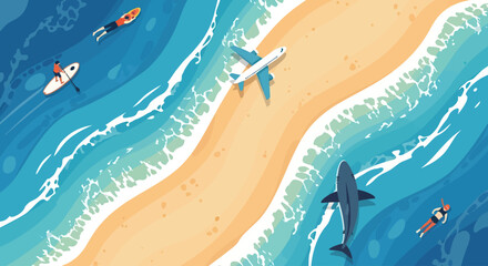 Aerial View of Blue Ocean with People Paddleboarding Floating and Airplane Landing on Sandy Beach
