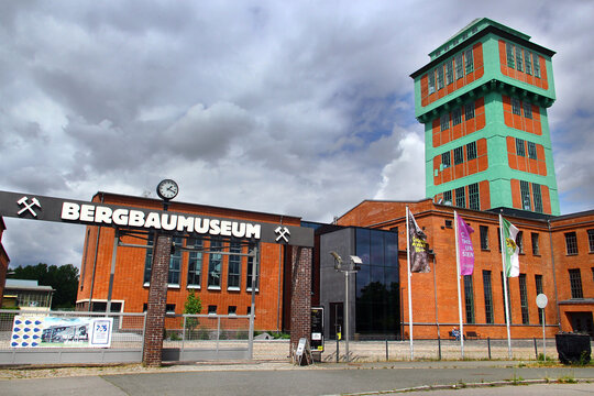 Oelsnitz, Germany - July 13, 2025: Kohlenwelt mining museum in the former Karl Liebknecht coal mine in Oelsnitz, Erzgebirge. Historic coal shaft, winding tower and new interactive exhibition.