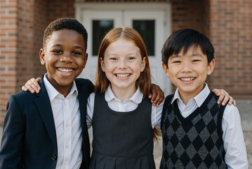 Diverse group of happy children smiling outdoors in casual clothing, showing friendship and joy against brick school building backdrop