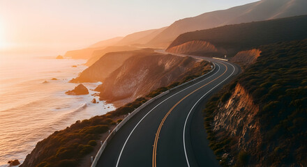 Scenic coastal highway at sunset offering a panoramic vista of natural beauty and asphalt adventures