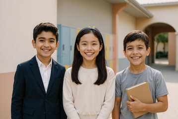 Diverse group of happy children standing outside school building smiling confidently on a sunny day