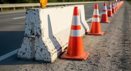 Roadway Safety Cones And Barriers Directing Traffic At Construction Site