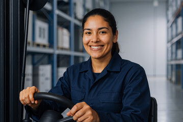 smiling young woman operating forklift in warehouse wearing blue uniform contributing to logistics and supply chain efficiency