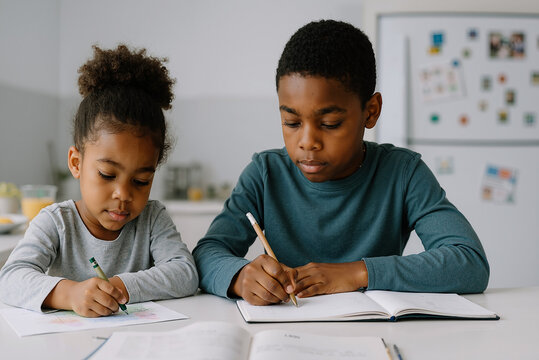 focused young brother and sister doing homework together at kitchen table in a bright home setting with concentration and teamwork