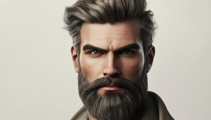 Stylish Fashion Model With Long Beard And Mustache Portraying Serious Expression In Grey Background. Trendy Barber Fashion And Beauty Theme.