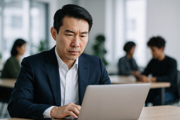 Serious asian businessman in formal suit working on laptop at modern office with diverse colleagues in background