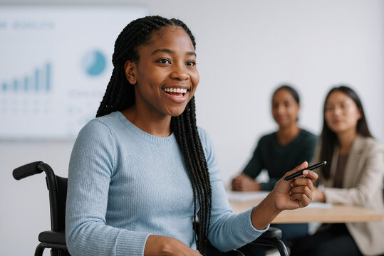 young woman with braids smiling in wheelchair during business meeting with colleagues in modern office