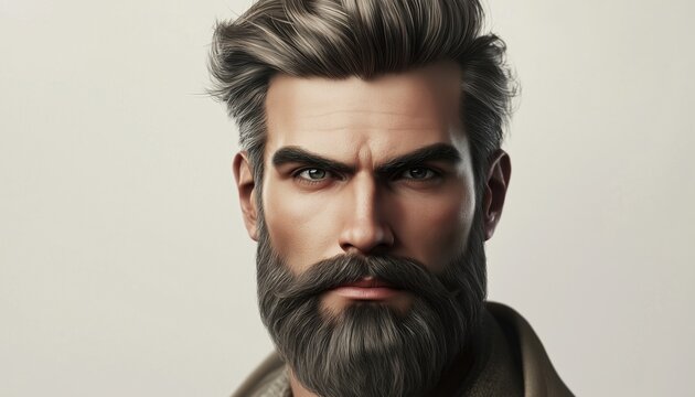 Stylish Fashion Model With Long Beard And Mustache Portraying Serious Expression In Grey Background. Trendy Barber Fashion And Beauty Theme.
