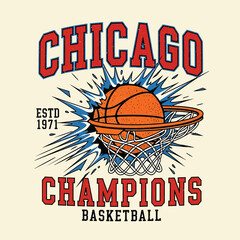 A Chicago champions basketball design graphic features a basketball going through a net with a dynamic and established year detail perfect for sports themed designs.