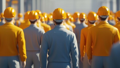 Workers Wearing Helmets In Factory: Back View Of Group, Shift Change, Employees In Uniform And Safety Gear For Industrial Facility.