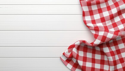 Red Checkered Napkin Or Tablecloth On White Wooden Table With Visible Planks, Utensils, And Copy Space For Text - Top View Perspective.