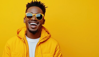 Happy African American Man In Stylish Sunglasses And Vibrant Jacket Laughing On Yellow Background, Rocking Trendy Streetwear.