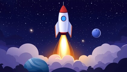 Space Exploration: Rocket Launches Into The Starry Night Sky, Spaceship Journeys To Outer Space On A Mission To Visit Other Planets