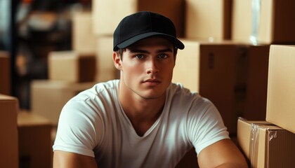 Stylish Young Man In A Black Cap And White T-Shirt, Sitting By Boxes - A Fashionable, Trendy Look In Urban Setting