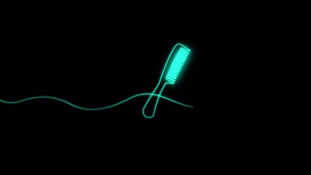 Video. A continuous neon pattern of a comb in a simple linear style for a symbol, a web -banner of a hairdresser. Animation on a black background 4K.