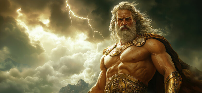 Zeus, Greek God of Thunder, Portrayed with Dramatic Clouds and Lightning.