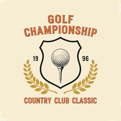 A classic golf championship design features a ball on a tee, set within a shield and laurel wreath, perfect for sporting event promotions and country club branding.