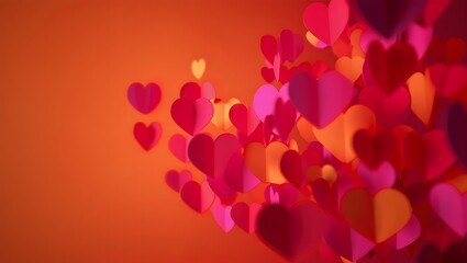 A cascade of vibrant red and pink paper hearts floats against a warm orange background