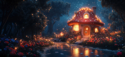 Obraz premium Whimsical mushroom house illuminated by fireflies in enchanting forest setting.