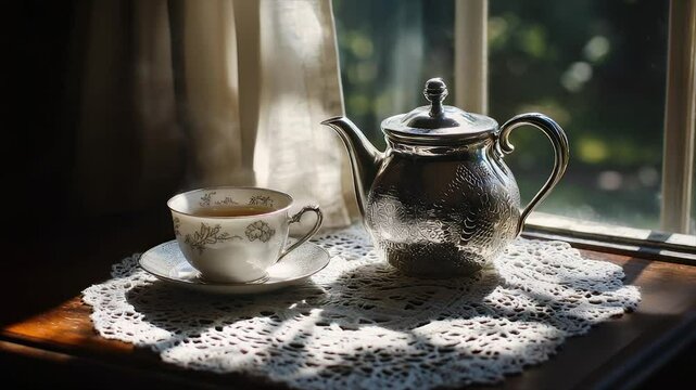 Sunlit teacup and teapot on lace doily